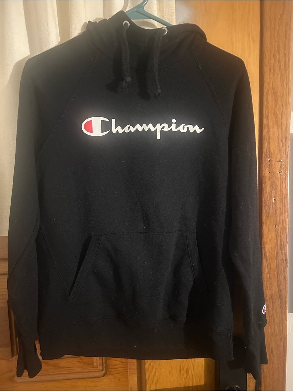 Champion Black Crewneck Hoodie with White & Red Logo